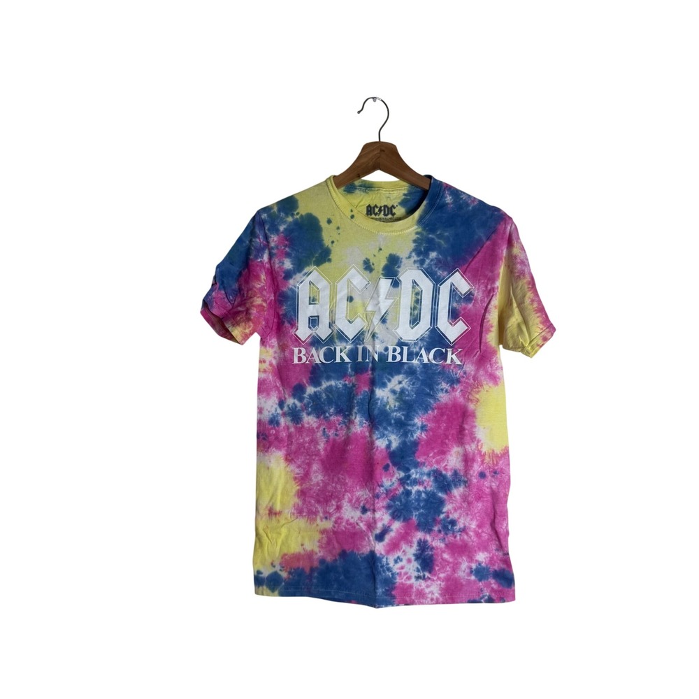 AC/DC T-Shirt ladies Back In Black Hells Bells Tie Dye Pink Yellow Blue Size S